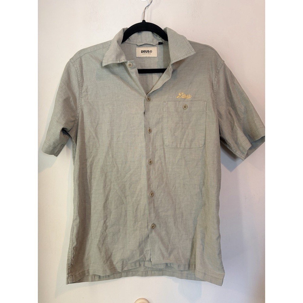Deus Ex Machina Short Sleeve Button‎ Down Hemp Green/Gray Mens XS Retro Y2k